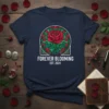 Forever Blooming Est. 2024 T-Shirt with a red rose in a stained-glass style circle and bold white text