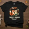 Forever Friends Fox & Cat t-shirt design featuring a fox and cat sitting together within a circular floral pattern