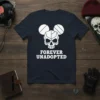 Forever Unadopted Skull T-Shirt with geometric skull and mouse ears graphic, white text on navy blue tee