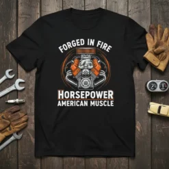 Black t-shirt featuring "Forged in Fire Horsepower American Muscle" text and a detailed V8 engine graphic