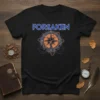 Black t-shirt with "FORSAKEN" text above a circular design featuring a cracked compass, mountains, and two crows, symbolizing adventure and