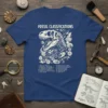 Fossil Classifications T-Shirt featuring a detailed Tyrannosaurus Rex skeleton surrounded by various fossil specimens and classifications