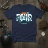 "FOUR" text with BMX riders performing stunts and a checkered flag on a navy blue t-shirt design