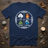 Four Elements Air Fire Earth Water design with cloud, flame, mountain, and wave symbols on a navy t-shirt