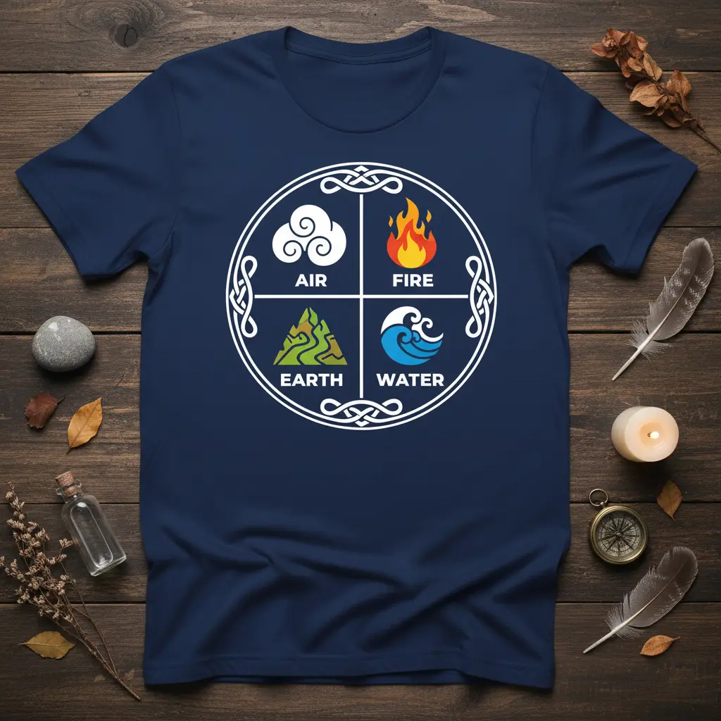 Four Elements Air Fire Earth Water symbols: cloud for air, flame for fire, mountain for earth, wave for water, in Celtic knot