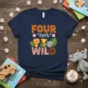 FOUR ever WILD birthday t-shirt with cartoon jungle animals including a lion, giraffe, and elephant
