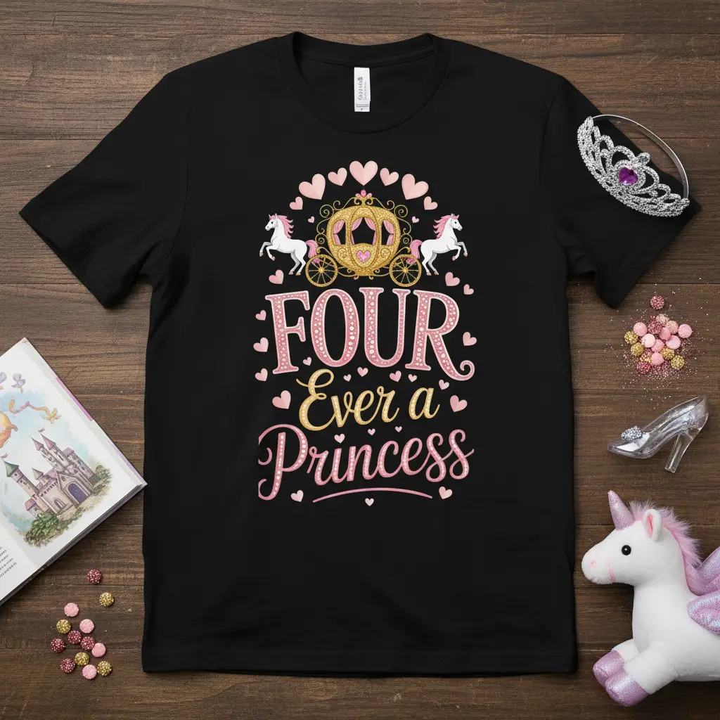 FOUR Ever a Princess birthday girl tee featuring a golden carriage, unicorns, and pink hearts graphic