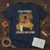 T-shirt design showing four friends lowering a man through a roof to Jesus, text reads "FOUR FRIENDS LOWERED HIM DOWN"