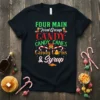 Black t-shirt design with green and red text listing "FOUR MAIN Food Group CANDY CANDY CANES Candy Corns & Syrup"