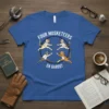 Four Musketeers En Garde! text with cats fencing graphic on a royal blue t-shirt