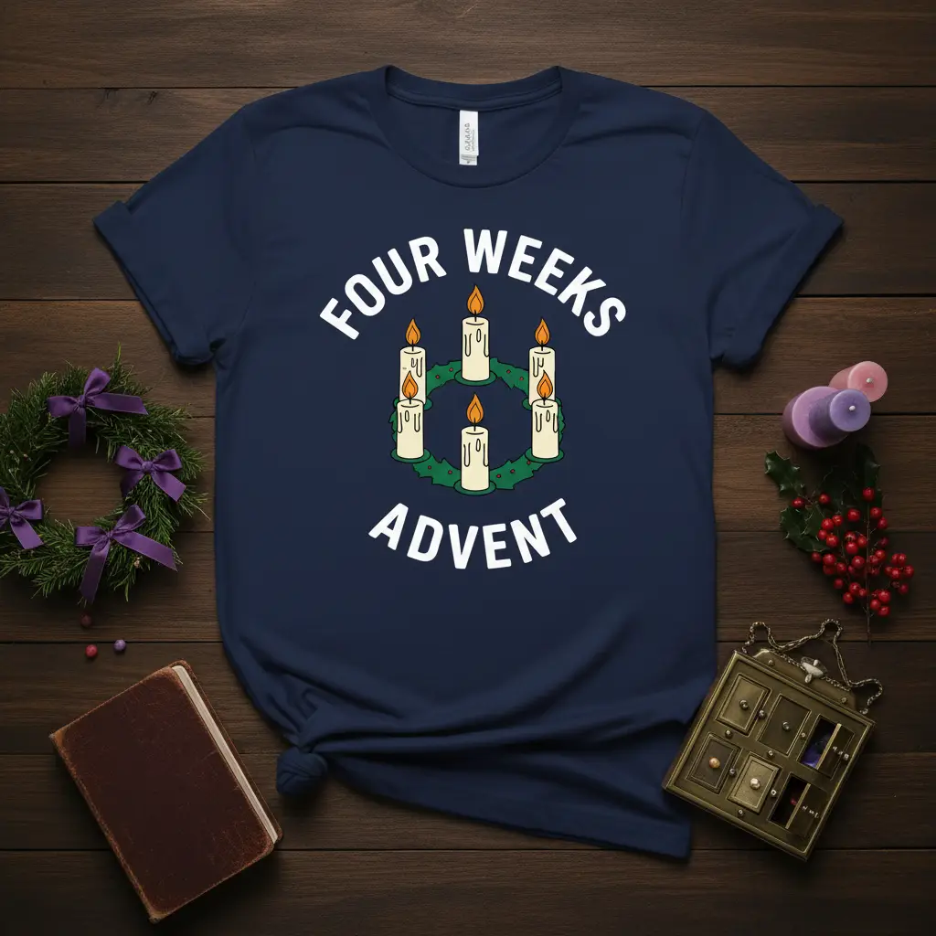 Four Weeks Advent t-shirt design with a festive advent wreath and lit candles graphic