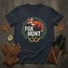 Fox Hunt t-shirt design featuring a fox within a laurel wreath and crossed hunting horns, dark navy graphic tee