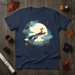 季真 Fox Moon Origami Crane T-Shirt featuring a leaping fox against a full moon and floating origami cranes, with Japanese