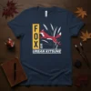 FOX URBAN KITSUNE graphic tee featuring a jumping red fox, Japanese characters, and bold typography on a navy blue shirt