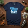 Foxy Dad t-shirt with blue and white text on a navy blue shirt