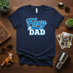 Foxy Dad t-shirt with blue and white text on a navy blue shirt