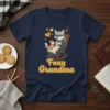 Foxy Grandma t-shirt with a cartoon fox in rocking chair holding a baby fox