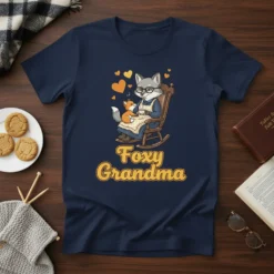 Foxy Grandma t-shirt with a cartoon fox in rocking chair holding a baby fox