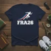 FRA26 text with a running silhouette and French flag colors on a navy t-shirt