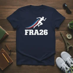 FRA26 text with a running silhouette and French flag colors on a navy t-shirt