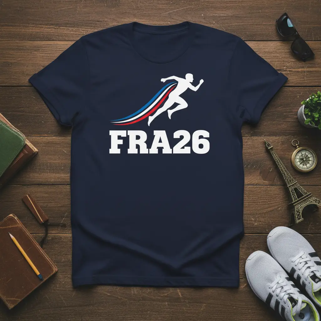 FRA26 text with a runner silhouette and French flag colors, representing athletic spirit