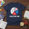 Navy blue t-shirt with a pie chart graphic illustrating fractions and the text FRACTION FUN!