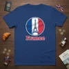 France t-shirt design with Eiffel Tower graphic and French flag colors inside a circle, text "France" below