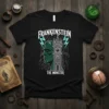 Frankenstein The Monster t-shirt with gothic tower and lightning graphic, featuring white text on black fabric