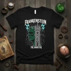 Frankenstein The Monster t-shirt with gothic tower and lightning graphic, featuring white text on black fabric