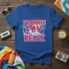 Frankie Say Relax text design on a royal blue t-shirt with retro summer graphics and palm trees