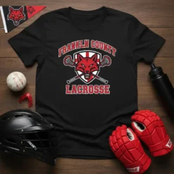 Franklin County Lacrosse T-Shirt featuring a red fox mascot with crossed lacrosse sticks and shield graphic