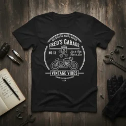 Fred's Garage Vintage Vibes text design featuring bold typography on quality t-shirt