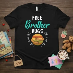Black t-shirt with "FREE Brother HUGS" text and graphic of two arms hugging inside a sunburst circle
