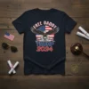 FREE DADDY TRUMP 2024 t-shirt design with an eagle, American flag, and chains. Political merchandise for supporters