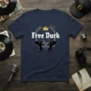 Free Durk t-shirt with crown, chains, and angel graphics. Navy blue tee with white text design