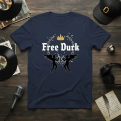 Free Durk t-shirt with crown, chains, and angel graphics. Navy blue tee with white text design