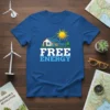 Free Energy t-shirt design featuring a house with solar panels under a bright sun, promoting renewable energy