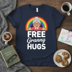 Free Granny Hugs t-shirt design with a cartoon grandma, rainbow, and white text