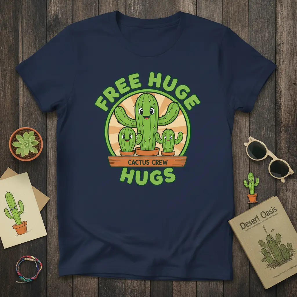 Free Huge Cactus Crew Hugs t-shirt design featuring smiling cartoon cacti offering hugs and playful text