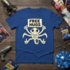 Blue t-shirt with a cartoon alien character holding a sign that says FREE HUGS, giving thumbs up