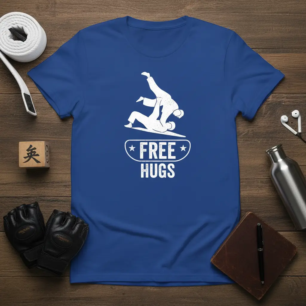 Free Hugs judo t-shirt design featuring two martial artists grappling in action