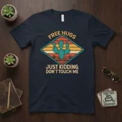 T-shirt with "Free Hugs Just Kidding Don't Touch Me" text and a retro cactus graphic