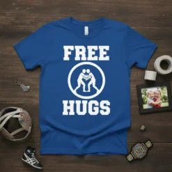 Blue t-shirt with white text "FREE HUGS" and a circular graphic of two wrestlers embracing