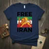 Free Iran T-Shirt with black text, lion and sun symbol, and Iranian flag colors