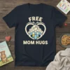 Free Mom Hugs t-shirt design featuring a mother embracing two children within a heart outline