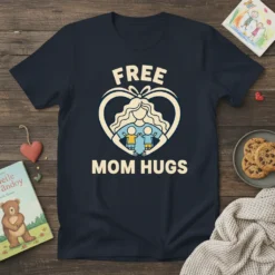 Free Mom Hugs t-shirt design featuring a mother embracing two children within a heart outline