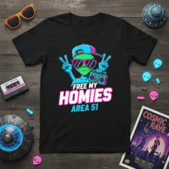 Free My Homies Area 51 text with a cartoon alien holding a boombox and peace signs on a black t-shirt