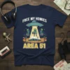 Free My Homies Area 51 t-shirt design with aliens, a UFO, and boomboxes, featuring bold yellow text