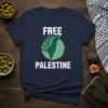 Free Palestine t-shirt with white text and green map graphic of Palestine with olive branches