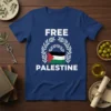 Free Palestine T-Shirt with white text, laurel wreath, and Palestinian flag graphic